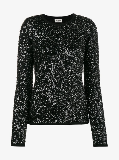 Shop Saint Laurent Ladies Black Embellished Wool Sequin Jumper, Size: Xs