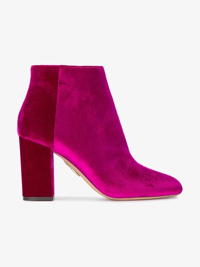 Shop Aquazzura Pink Brooklyn 85 Velvet Ankle Boots In Pink&purple