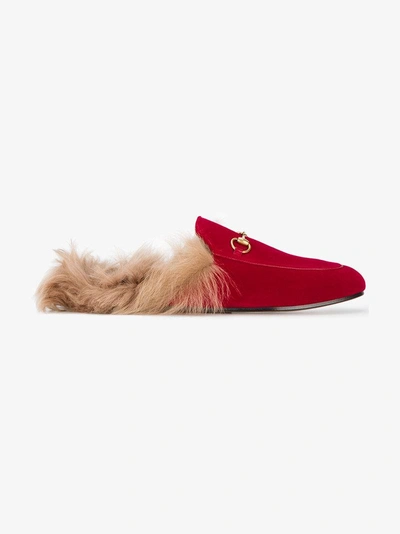 Shop Gucci Red Princetown Velvet Fur Lined Mules
