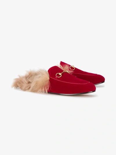 Shop Gucci Red Princetown Velvet Fur Lined Mules