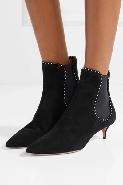 Shop Aquazzura Jicky Faux Pearl-embellished Suede Ankle Boots