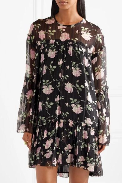 Shop Ulla Johnson Floral-print Ruffled Silk-crepon Mini Dress In Black