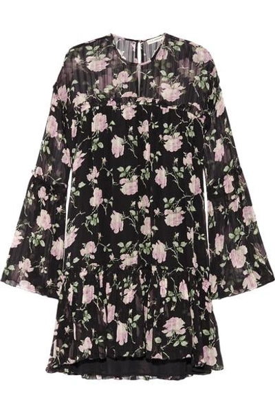 Shop Ulla Johnson Floral-print Ruffled Silk-crepon Mini Dress In Black