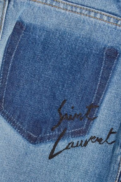 Shop Saint Laurent Embroidered Denim Mini Skirt In Mid Denim