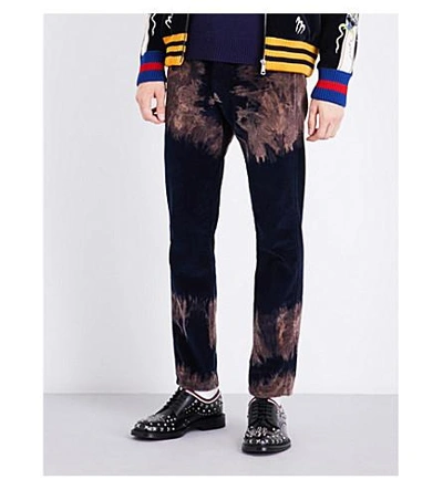 Shop Gucci Bleached Cotton Corduroy Trousers In Navy Brown