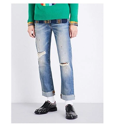 Shop Gucci Distressed Regular-fit Straight Jeans In Blue