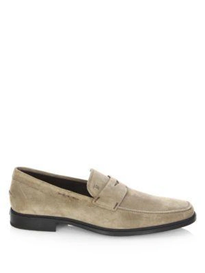 Shop Tod's Suede Penny Loafers In Mole Grey
