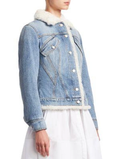 Shop Alexander Mcqueen Shearling-trim Faded Denim Jacket In Faded Blue Multicolor