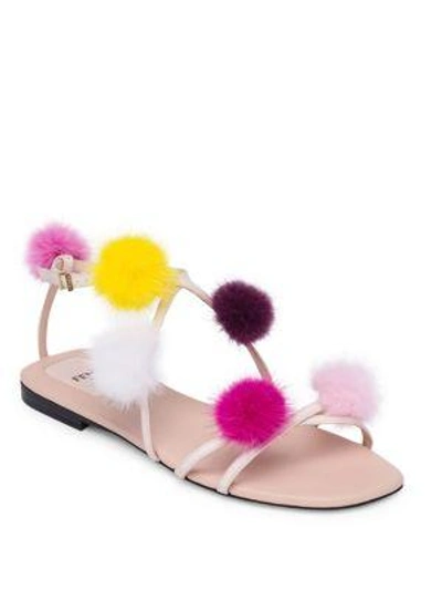 Shop Fendi Mink Fur Pom-pom Sandals In White-multi