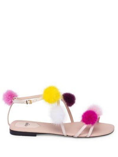 Shop Fendi Mink Fur Pom-pom Sandals In White-multi