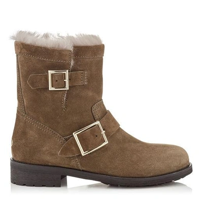 Shop Jimmy Choo Youth Mink Suede Biker Boots With Rabbit Fur Lining