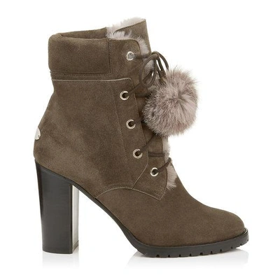 Shop Jimmy Choo Elba 95 Mink Suede Boots With Fur Pom Poms