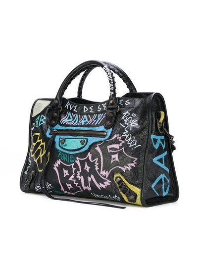 Shop Balenciaga Graffiti Classic City Tote Bag In Black