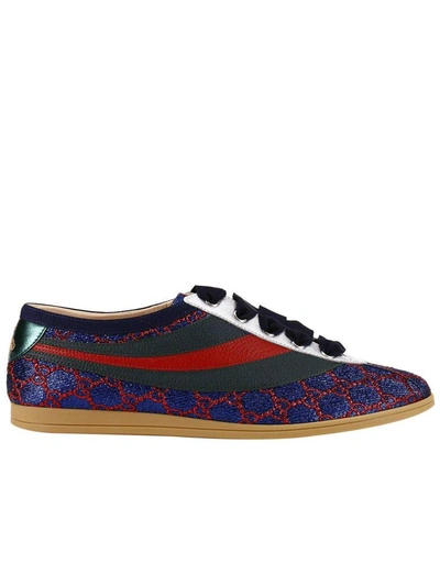 Shop Gucci Brogue Shoes Competition Sneakers In Gg Lurex With Web Bands And Bee Embroidery In Blue