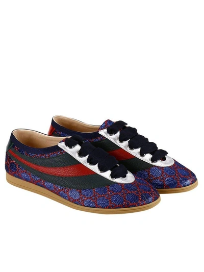 Shop Gucci Brogue Shoes Competition Sneakers In Gg Lurex With Web Bands And Bee Embroidery In Blue