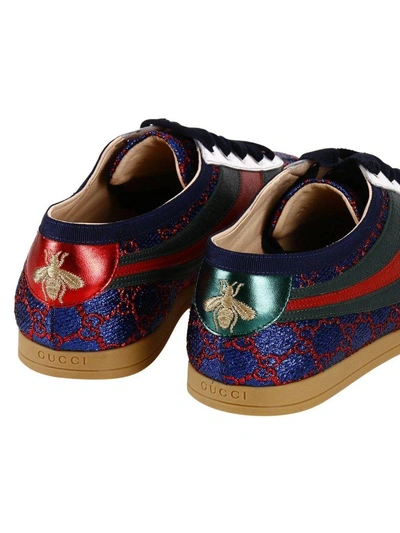 Shop Gucci Brogue Shoes Competition Sneakers In Gg Lurex With Web Bands And Bee Embroidery In Blue