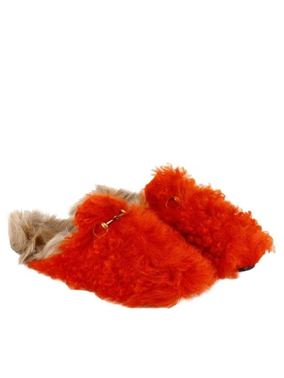 Shop Gucci Ballet Flats Princetown Gitana Slippers With Burnished Horsebit And Bicolor Fur In Orange