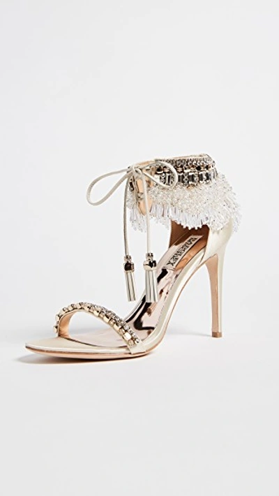 Badgley Mischka Katrina Embellished Satin Ankle Tie High-heel Sandals In  Ivory | ModeSens