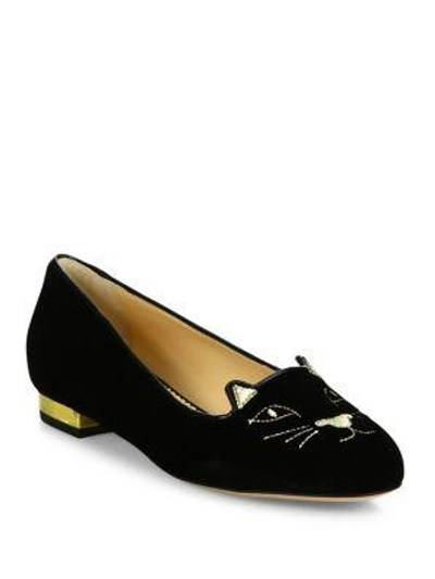Charlotte Olympia Kitty Embroidered Velvet Flats In Black Gold