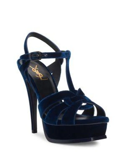 Shop Saint Laurent Tribute Velvet Platform Sandals In Blue Ocean