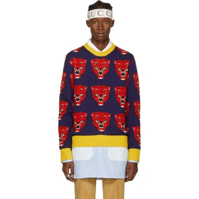 Shop Gucci Navy & Red Jacquard Tiger Sweater