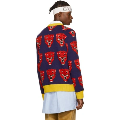 Shop Gucci Navy & Red Jacquard Tiger Sweater