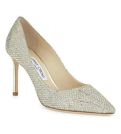 Shop Jimmy Choo Romy 85 Metallic Snakeskin-embossed Glitter Courts In Champagne