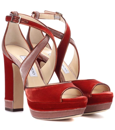Jimmy Choo April 120 Velvet And Leather Sandals In Ballet Pink/fire