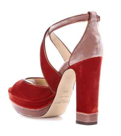 Shop Jimmy Choo April 120 Velvet Plateau Sandals In Red