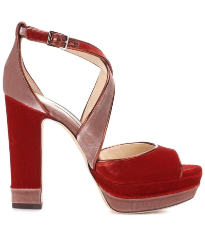 Shop Jimmy Choo April 120 Velvet Plateau Sandals In Red