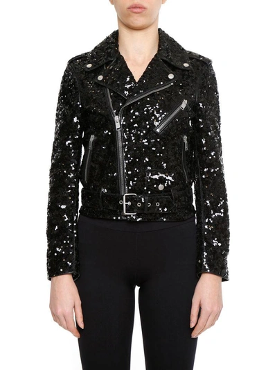 Shop Saint Laurent Leather And Sequins Jacket In Black Ivory|nero