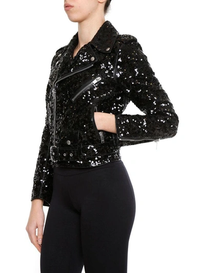 Shop Saint Laurent Leather And Sequins Jacket In Black Ivory|nero