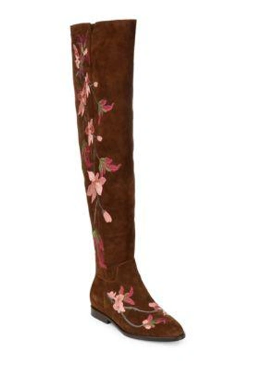 Shop Ash Jess Embroidered Suede Over-the-knee Boots In Russet