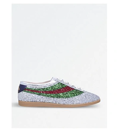 Shop Gucci Falacer Metallic Glittered Leather Low-top Trainers In Silver