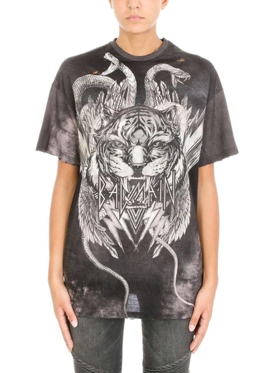 Shop Balmain Oversized Tiger Print T-shirt In Black