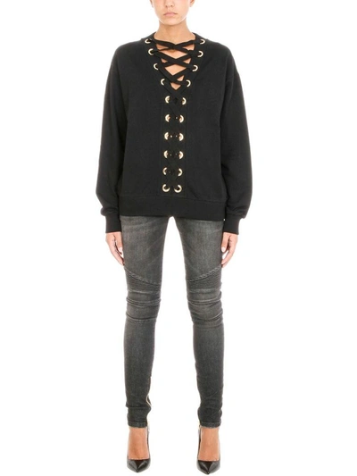 Shop Balmain Lace-up Cotton-jersey Sweatshirt In Black