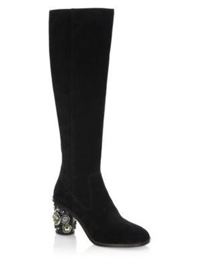 Shop Coach Tea Rose Block Heel Suede Mid-calf Boots In Black