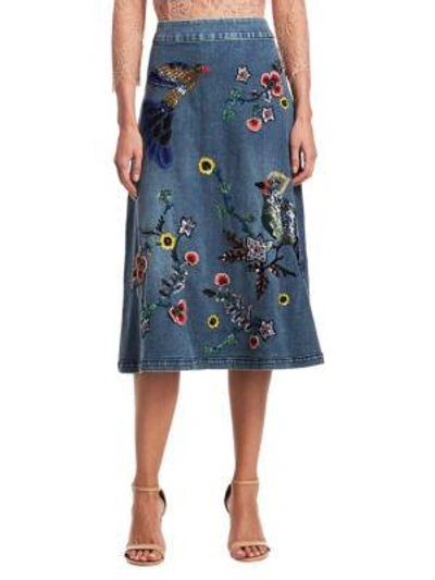 Alice And Olivia 'libbie' Bird And Flower Embellished A-line Denim Midi Skirt In Blue