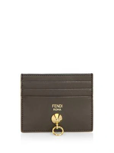 Shop Fendi Leather Card Case In Coal Black Emerald Green Soft Gold