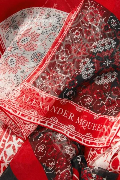 Shop Alexander Mcqueen Patchwork Printed Silk-chiffon Scarf In Red