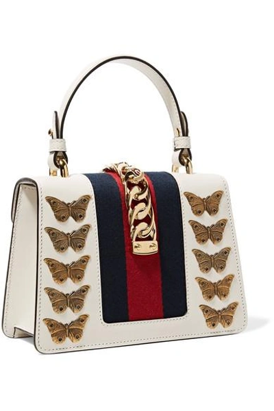 Shop Gucci Sylvie Mini Embellished Chain-trimmed Leather And Canvas Shoulder Bag In White