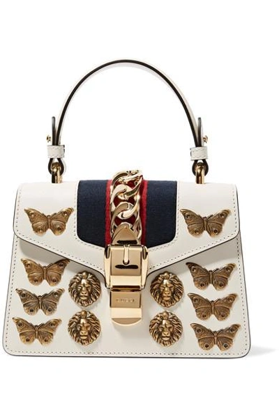 Shop Gucci Sylvie Mini Embellished Chain-trimmed Leather And Canvas Shoulder Bag In White