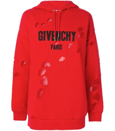 Shop Givenchy Red Distressed Logo Print Hoodie