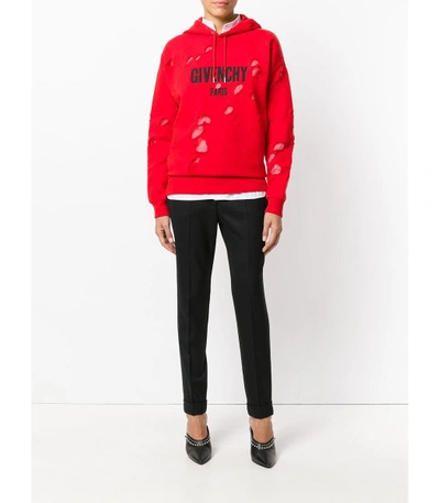 Shop Givenchy Red Distressed Logo Print Hoodie