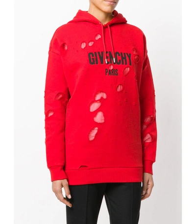 Shop Givenchy Red Distressed Logo Print Hoodie