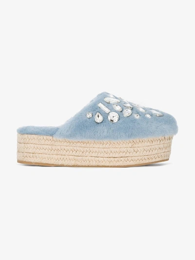 Shop Miu Miu Blue Shearling Crystal 45 Flatform Mules