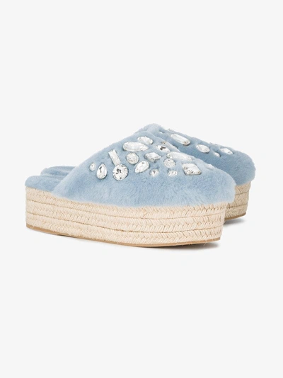 Shop Miu Miu Blue Shearling Crystal 45 Flatform Mules