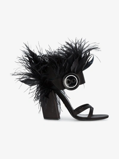 Shop Prada Black Ostrich Feather 110 Leather Sandals