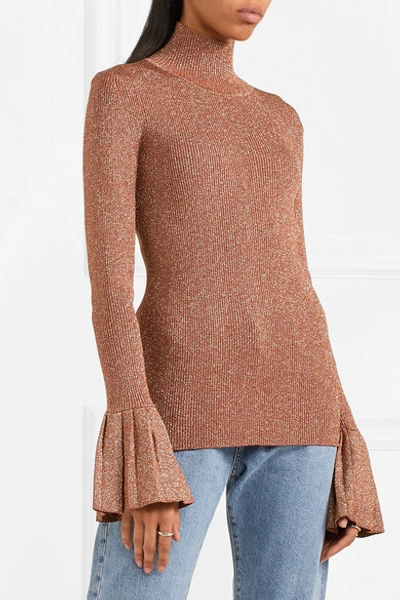 Shop Carven Metallic Ribbed-knit Turtleneck Sweater In Antique Rose