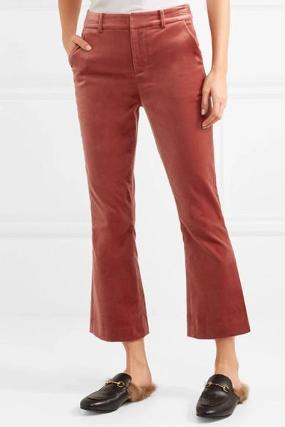 Shop Frame Cropped Cotton-blend Velvet Flared Pants In Brick